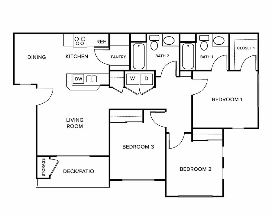 Floor plan for 3 beds, 2 baths, 1078 sqft